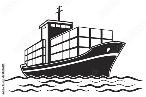 Black and White Graphic of a Cargo Container Ship on Water, Maritime Shipping Illustration in Vector.