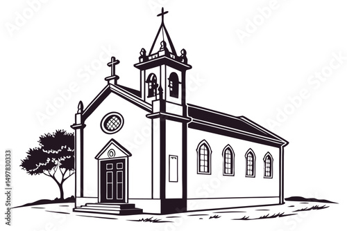 Vector illustration of a traditional church building with cross and tree in a monochrome style.