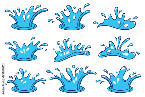 Cartoon Vector Illustration Featuring Collection of Various Dynamic Blue Water Splashes and Drops on White Background.