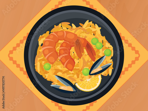 Fried rice with shrimps and mussels on a plate top view vector illustration. Rice with seafood on a wooden table above view vector. Spanish paella dish on the table drawing