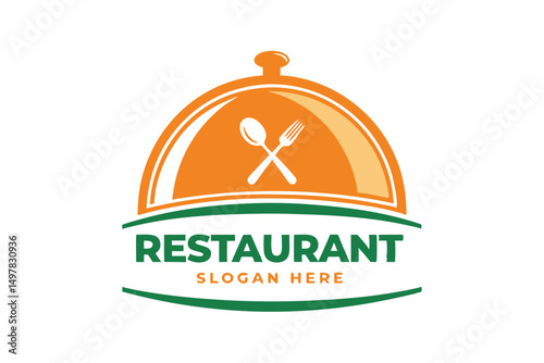 Elegant Restaurant Logo Design with Serving Cloche, Cutlery, and Green Typography for Branding and Identity.
