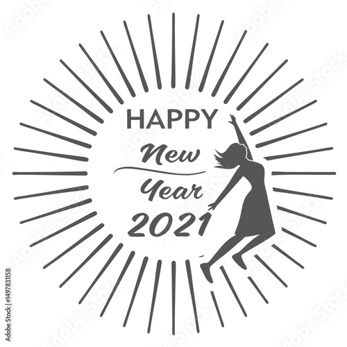 Joyful Silhouette Celebrating Happy New Year 2021 with Burst Design, Creative Vector Art for Holiday Greeting.