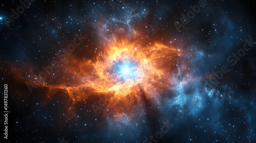 A cosmic nebula with a bright center surrounded by orange and blue clouds in a starry sky