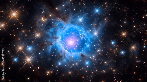 A vibrant blue nebula surrounded by countless stars shining brightly in the dark expanse of space