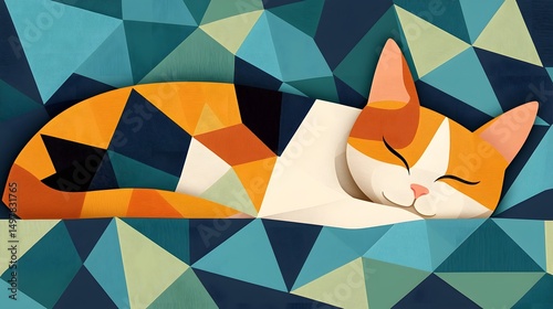 Naklejka Sleeping cat on a geometric background