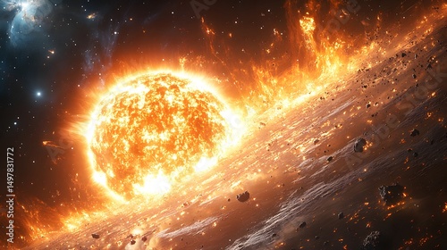 A fiery sun with asteroids and cosmic debris in a vast expanse of space with distant stars visible