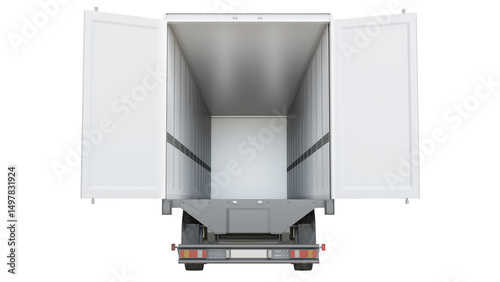 Opened empty semi trailer isolated on transparent background. Back view. Concept for service transportation solutions. 3D illustration.