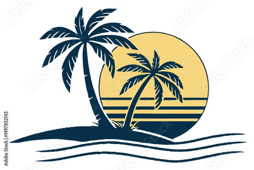 Tropical Palm Tree Sunset Silhouette Graphic Design, Beach Scene Artwork for Summer Vacation and Holiday.