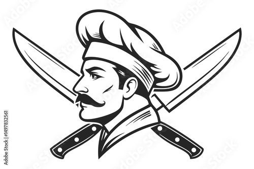 Monochromatic Chef Portrait with Crossed Knives, Culinary Art Illustration, Gastronomy Icon for Restaurants and Food Service