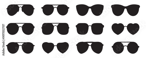 A collection of black silhouettes of different sunglasses styles, including aviator, cat-eye, and heart-shaped frames on white