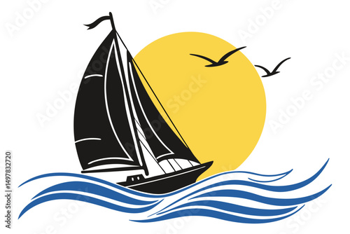 Sailing Boat Silhouette with Sun and Seagulls, Vector Graphic for Summer Holiday and Travel Designs.