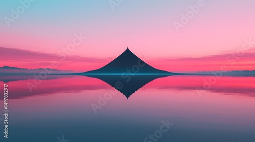 Majestic mountain peak reflected in tranquil waters at sunset