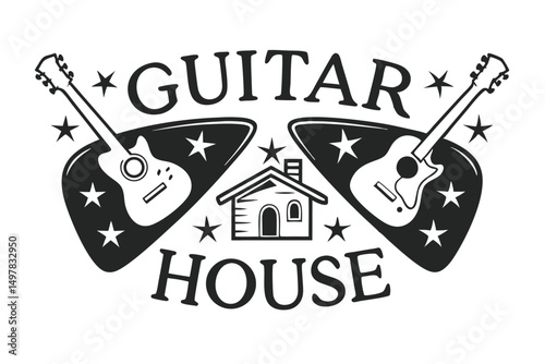 Creative Logo Concept for Guitar House Music, Featuring Guitars, Picks, and Stars in Vector Illustration.
