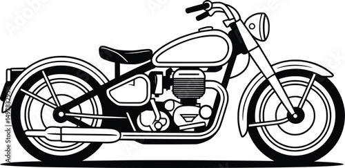 Vintage Motorcycle Line Art, Retro Bike Outline Drawing for Classic Design