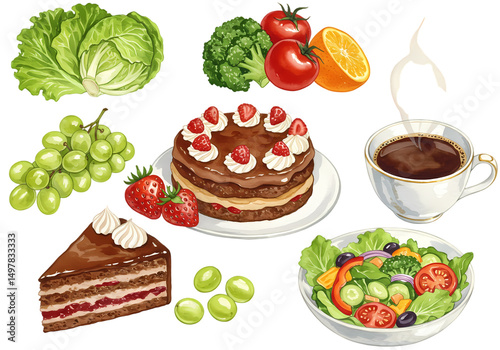 Delicious Chocolate Cake with Fresh Fruits and Vegetables