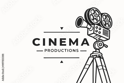 Retro Cinema Productions Logo Design with Classic Movie Camera and Minimalist Text, Vector Illustration.