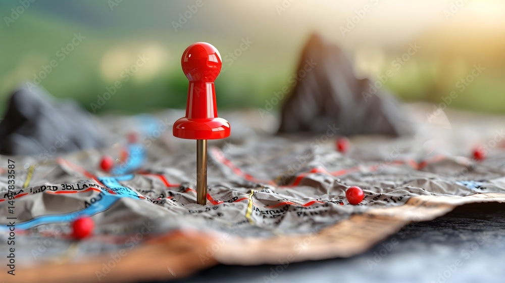 Red pushpin on a forest floor map