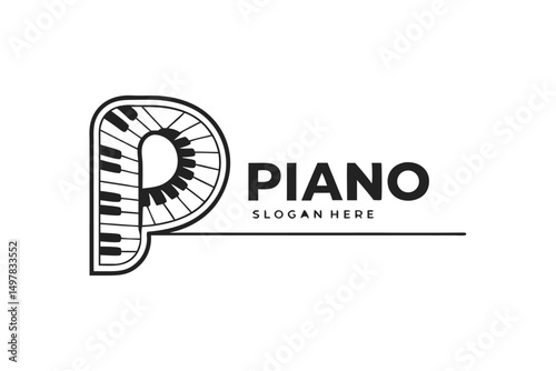Elegant Piano Logo Design Incorporating the Letter P, Representing Music School and Musical Instruments Business.