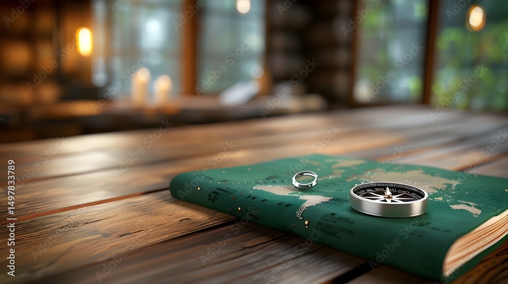 Vintage travel essentials on a rustic wooden table