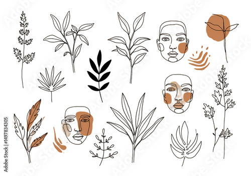 Abstract Line Art Faces and Botanical Elements