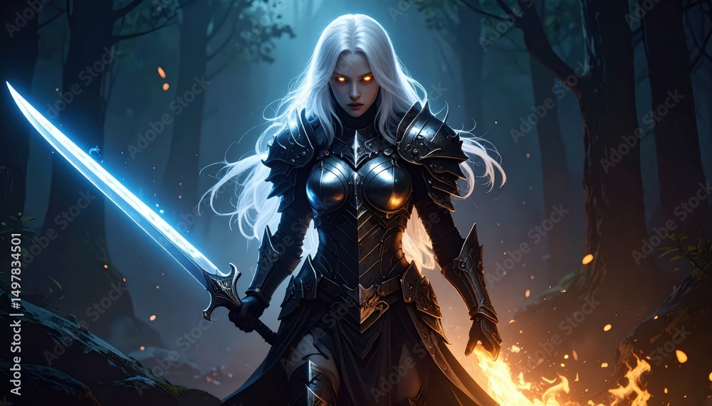 Naklejka premium Dark Menacing Figure in Armor Wielding Sword with Glowing Eyes