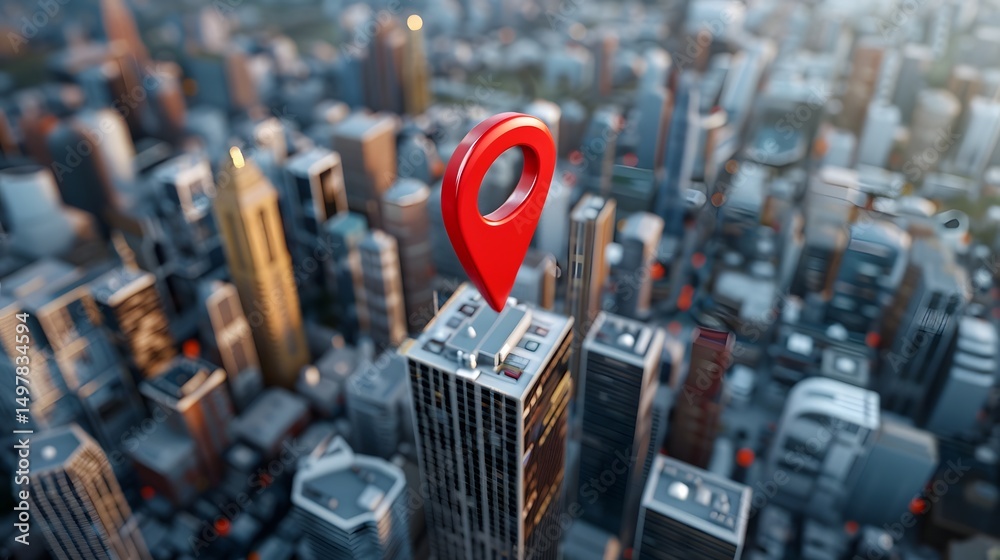 Aerial view of a modern cityscape with skyscrapers and a map pin icon  long title Sweeping aerial