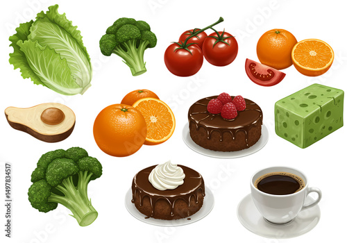 Healthy Food and Chocolate Cakes with Coffee Illustration