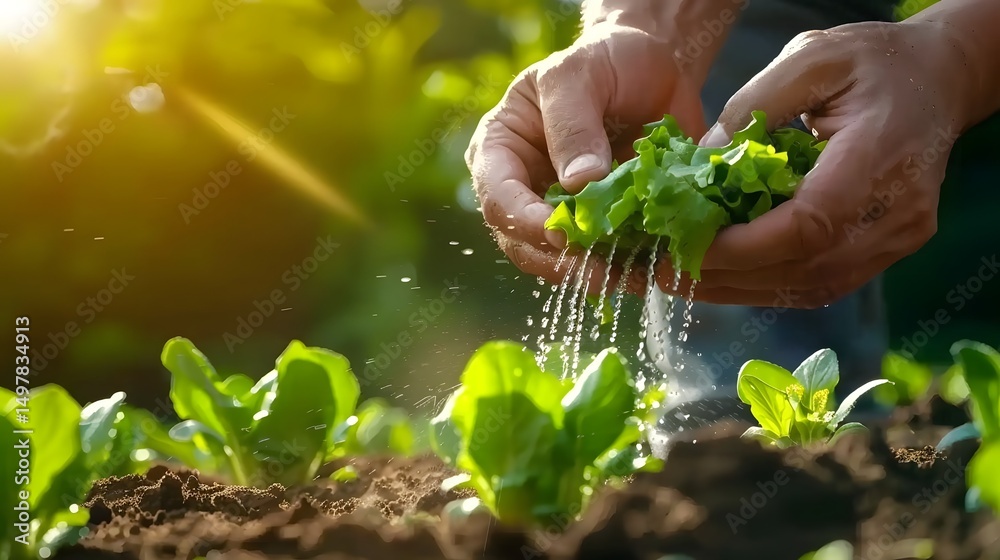 Hands caring for freshly harvested leafy greens in the garden