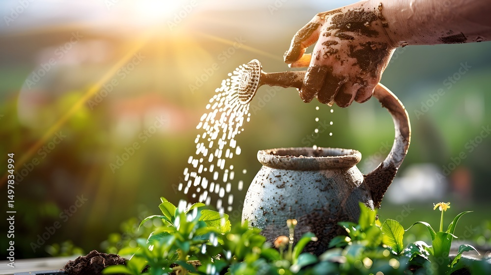 Hands watering plants in garden with sunlight