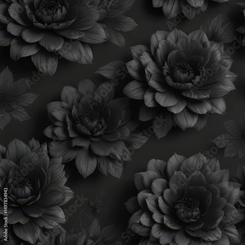 Elegant charcoal flower pattern on dark grey, luxurious black blooms ,  trend,  dramatic