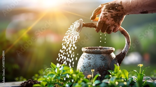 Obraz na płótnie Hands watering plants in garden with sunlight w salonie