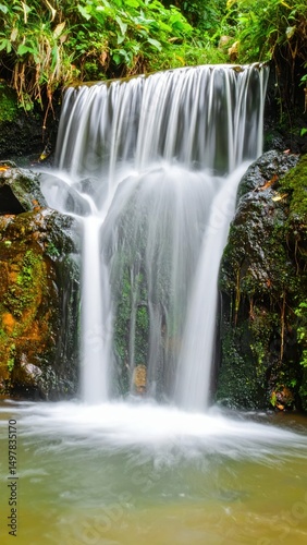 Gentle Waterfall in Lush Green Setting with Soft Sound of Water