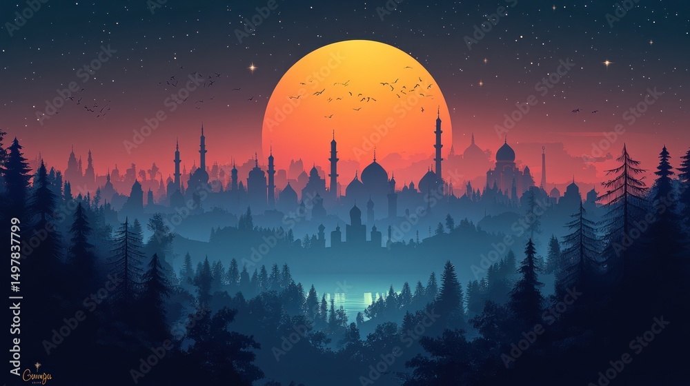 Naklejka premium Mystical City Beyond Forest at Sunset