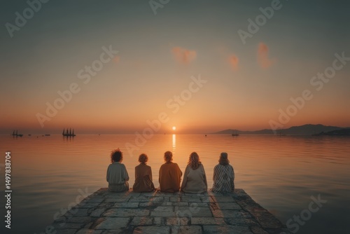 Wallpaper Mural A group of friends sitting on the beach, watching a vibrant sunset. Silhouettes stand out against the colorful sky and calm ocean waves. Torontodigital.ca