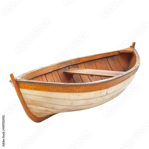 A classic wooden rowboat, showing age and craftsmanship.  The hull is light-colored with darker wood trim photo