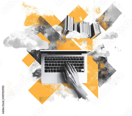 Abstract collage of a laptop, hand typing, books, clouds, and geometric shapes in grayscale and ochre, suggesting knowledge, creativity, and digital learning