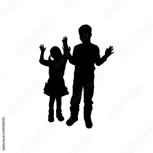 Silhouette of Two Kids: A captivating silhouette of a boy and girl stands, hands raised in a pose, conveying playful spirit, childlike wonder, and carefree attitude. 