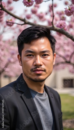 Portrait of a man with cherry blossoms in background