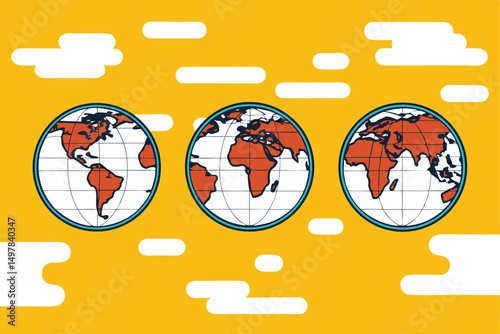 Stylized globe illustrations showing different world regions set against yellow background