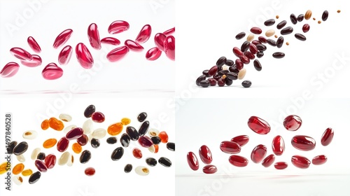 Four quadrants of various beans suspended in mid-air, appearing to be in motion against a plain white background. E