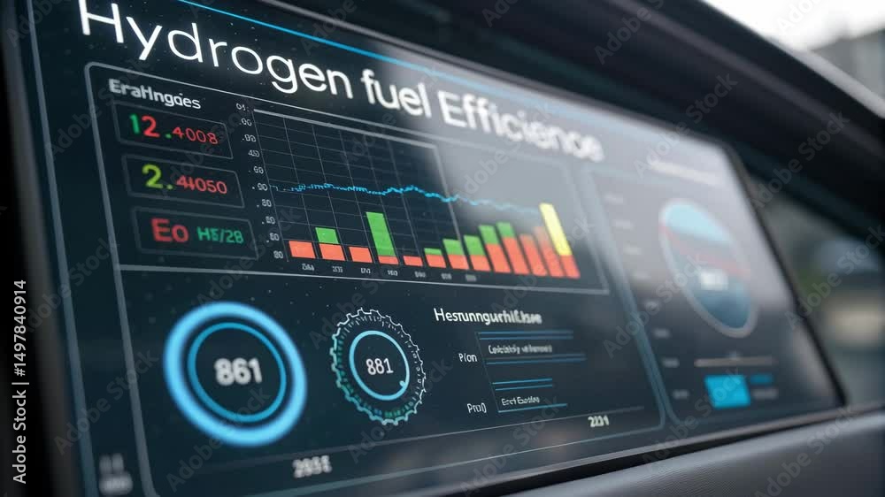 A digital dashboard displaying hydrogen fuel efficiency metrics and performance statistics in a vehicle. A digital dashboard displaying hydrogen fuel efficiency metrics and performance statistics in a vehicle.