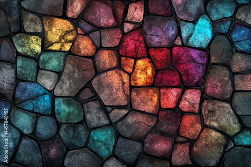 This abstract design is characterized by its use of red, blue, yellow, and orange geometric shapes, carefully arranged to create a vibrant and visually striking stained glass mosaic
