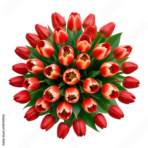 Bouquet of red tulips top view, isolated on transparent background, png