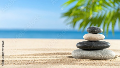 Serene Balanced Stone Composition on Tranquil Beach Background