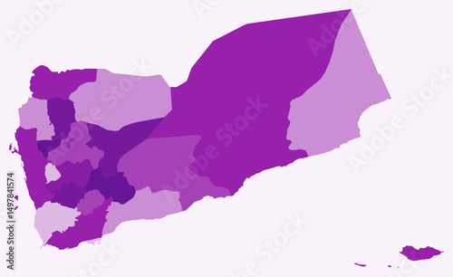 Map of Yemen with regions. Just a simple country border map with region division. Purple color palette. Blank Yemen shape with administrative division. Vector illustration.