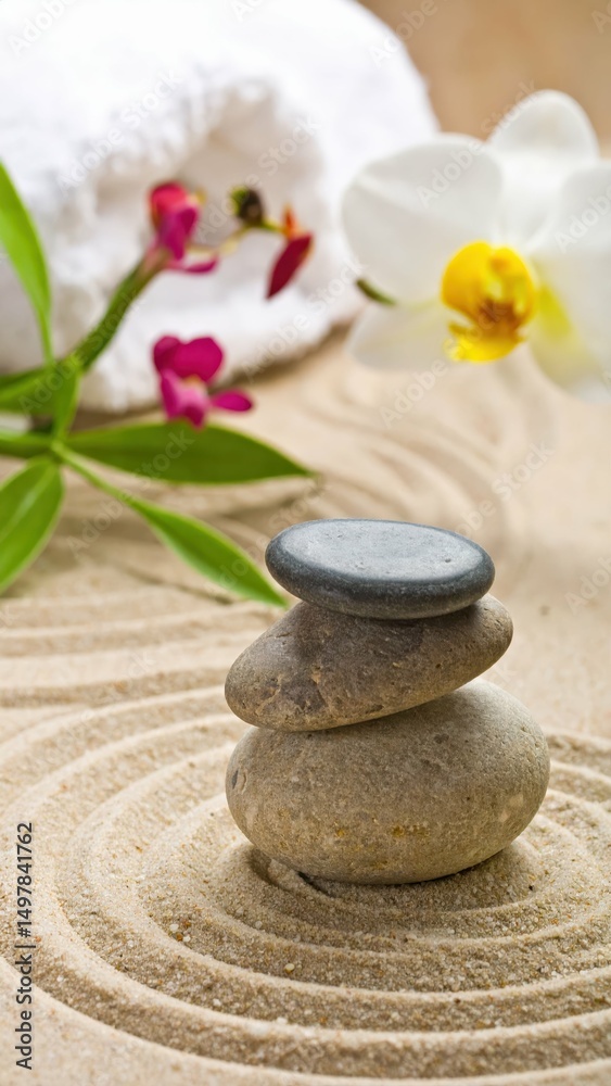 Obraz premium Tranquil Balanced Composition with Stones and Flowers in Sand