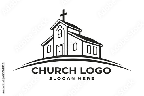 Minimalist Church Vector Logo with Cross, Faith, and Spirituality Symbolism for Branding and Design Purposes.