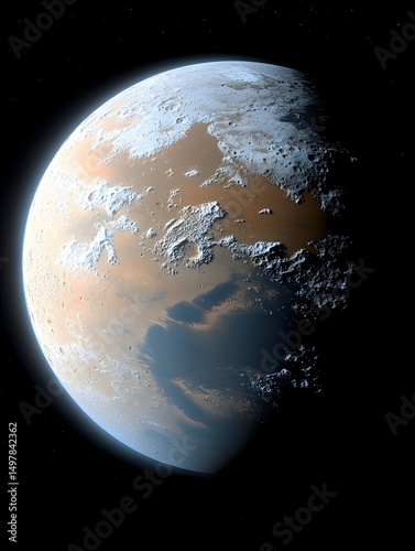 A rendered image of a planet with craters and varied terrain against a dark star filled sky backdrop