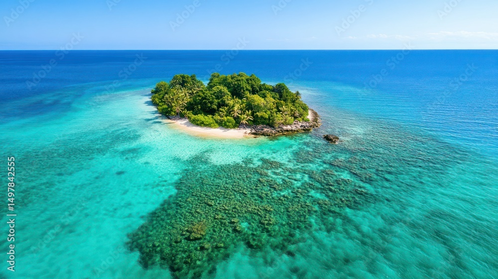Fototapeta premium Tropical island paradise, turquoise waters, and lush vegetation from above.