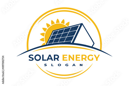 Creative Solar Energy Logo with Sun and Panel for Eco-Friendly Power Solution and Renewable Technology.